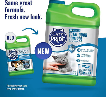 Cat's Pride Max Power: Total Odor Control - Up to 10 Days of Powerful Odor Control - Strong Clumping - Hypoallergenic - 99% Dust Free - Multi-Cat Litter, Unscented, 15 Pounds