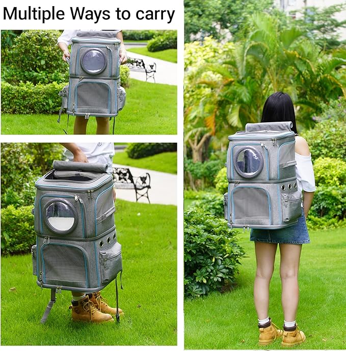 2-in-1 Pet Carrier Backpack for Two Cats or One Dog, Double-Layer 2 Compartment Carry Bag to Transport Small Animals Traveling and Hiking, Space Capsule Clear Bubble Dome
