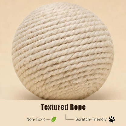 4-Inch Sisal Cat Toy Balls with Crinkle Sound | Indoor Cat Toys for Teething, Claw Sharpening & Play | Large Size Prevents Rolling Under Furniture (White)