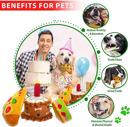 Birthday Dog Toys Crinkle Dog Toy Squeak Cake Toy Aggressive chew Toys for Puppy Sandwiches Pizza Party Dog Toy Interactive Birthday Toy with 3 Pack for Dog Birthday