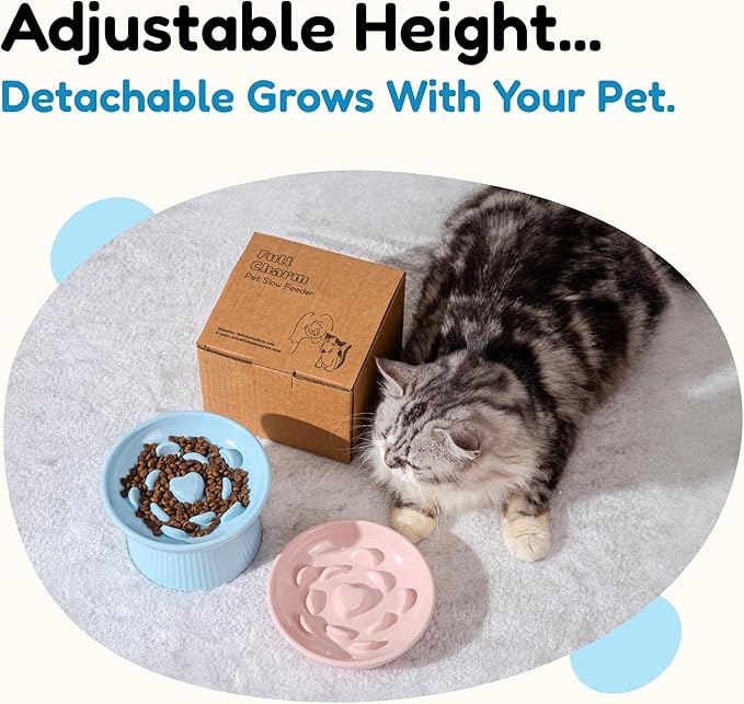 Unbreakable Raised Slow Feeder Bowl for Cats and Small Dogs, Elevated Cat Bowls, Detachable Slow Feede Bowl, Heavy Weighted, Non-Slip Feeder, Whisker Friendly (Blue, Round - 6.2w'' x 1.5h'' inch)