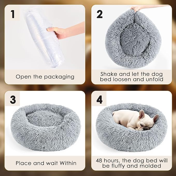 28in Large Dog Bed, Medium Size Dog and Cats, Calming Donut Bed for Puppy and Kitten, Washable Round Fluffy Pet Bed (Light Grey)