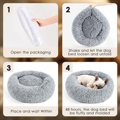 28in Large Dog Bed, Medium Size Dog and Cats, Calming Donut Bed for Puppy and Kitten, Washable Round Fluffy Pet Bed (Light Grey)