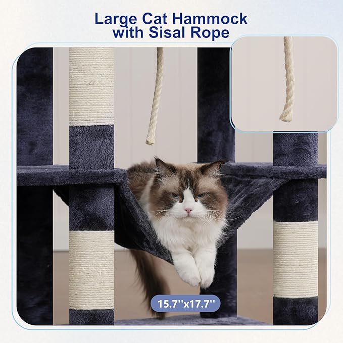 Tall Cat Tree, Large Cat Tower for Adult Cats, 80.7'' (205cm) Heavy-Duty Cat Tree House for Indoor Cats 20 lbs+ with Scratching Posts, 2 Top Perches/Condos, Hammcok, Smoky Gray GCT034G