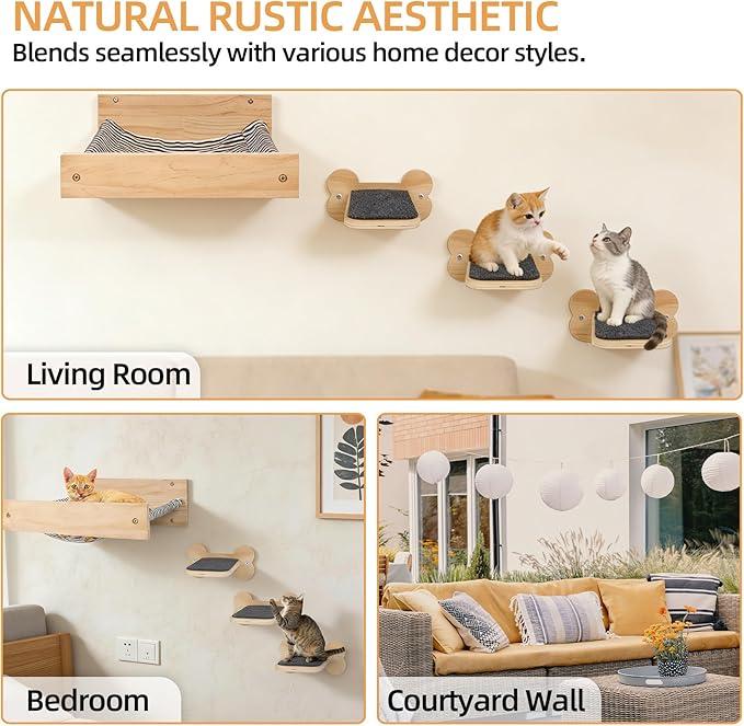 Cat Wall Hammock with 3 Steps, Pine Wood Wall Mounted Kitty Bed & Climbing Shelves up to 30lbs, Cat Furniture for Indoor Sleeping and Playing, Space Saving