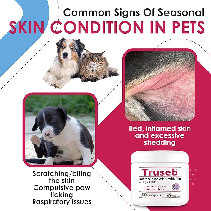 Truseb Chlorhexidine Wipes for Dogs Cats Horses with Aloe Vera - Medicated Ketoconazole Wipes for Skin Irritation, Hot Spots, Redness Relief (50 Count)