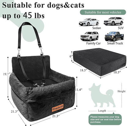 Dog Booster Car Seat for Small/Medium Dogs, VIVASNIFF 6 Inches Memory Foam Elevated Dog Pet Car Bed up to 45 lbs with 2 Safety Belts, Leakproof, Detachable and Washable (Black).