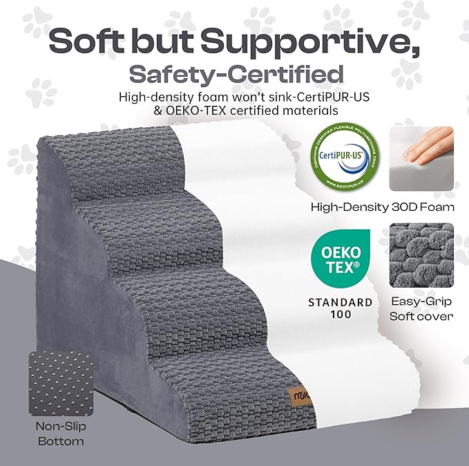 Extra Wide 4-Step Dog Stairs for Bed & Couch 18" H, More Stable Non-Slip Pet Steps with Balanced Foam Structure and Gentle Slopes, Stylish Indoor Dog Steps for Small & Medium Dogs, Gray