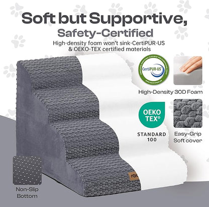 Extra Wide 4-Step Dog Stairs for Bed & Couch 18" H, More Stable Non-Slip Pet Steps with Balanced Foam Structure and Gentle Slopes, Stylish Indoor Dog Steps for Small & Medium Dogs, Gray
