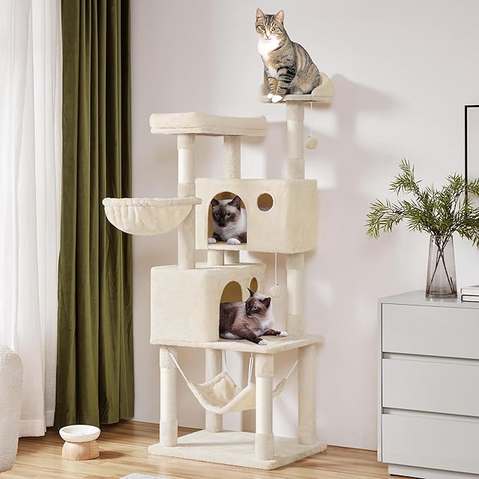 Yaheetech 64.5in Cat Tree Cat Tower Scratching Post, Plush Cover Cat Condo Bed Furniture with Hammock, Platform, Perch for Extra Large Cats as Playing House