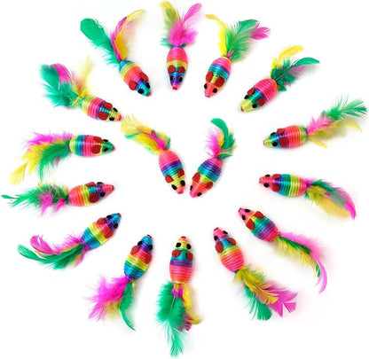 CHIWAVA 24PCS 5" Rattle Cat Toys Mice with Feathers Rainbow Rope Mouse Kitten Interactive Toy Assorted Color