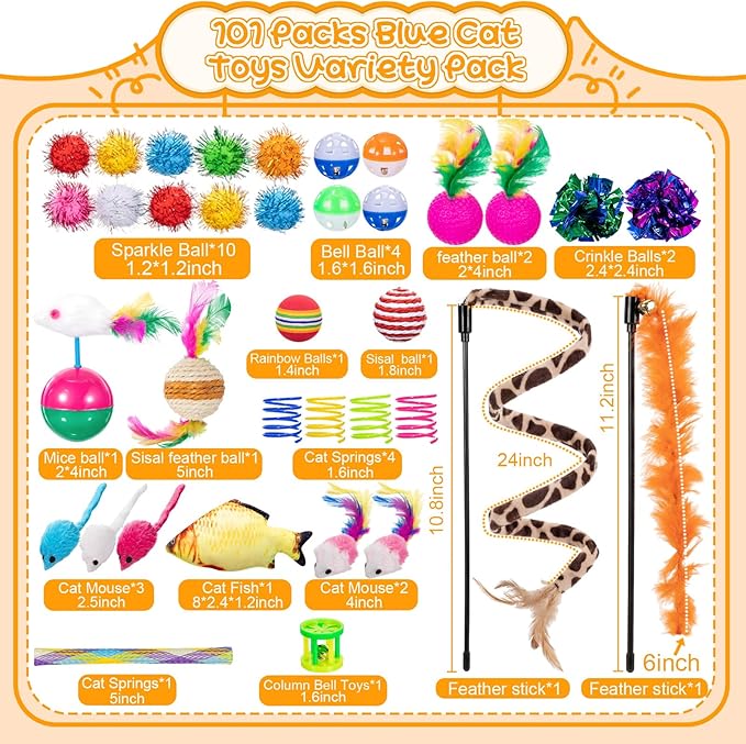 Leitee 38 Pcs Cat Storage Basket Gift Toy Set Kitten Toys Assortments, Including 2 Way Tunnel, Bell Crinkle Balls Spring Feather Teaser Sisal Ball Simulated Fish, Interactive for Indoor Pet