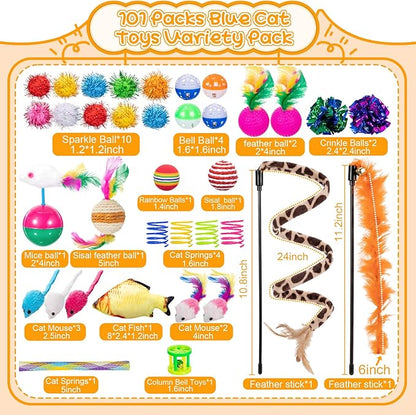 Leitee 38 Pcs Cat Storage Basket Gift Toy Set Kitten Toys Assortments, Including 2 Way Tunnel, Bell Crinkle Balls Spring Feather Teaser Sisal Ball Simulated Fish, Interactive for Indoor Pet