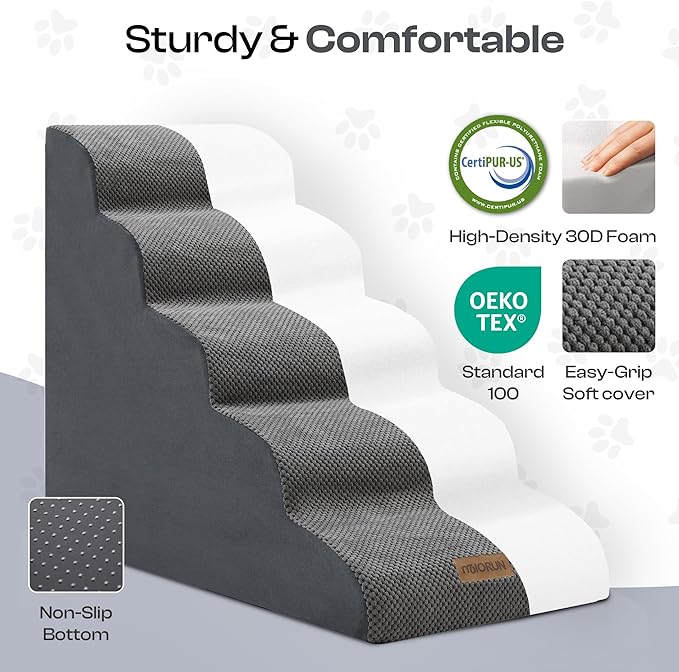 Dog Stairs for High Beds Up to 26", Extra-Tall 24.5" 5-Step Foam Pet Ramp with Washable Cover, Gentle Slope Steps, Bed & Couch Ladder for Small Medium Dogs & Senior Cat, Puppy Climbing Stairs