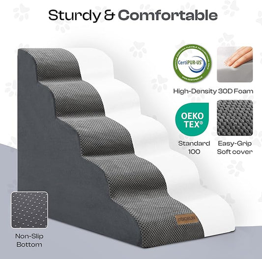Dog Stairs for High Beds Up to 26", Extra-Tall 24.5" 5-Step Foam Pet Ramp with Washable Cover, Gentle Slope Steps, Bed & Couch Ladder for Small Medium Dogs & Senior Cat, Puppy Climbing Stairs