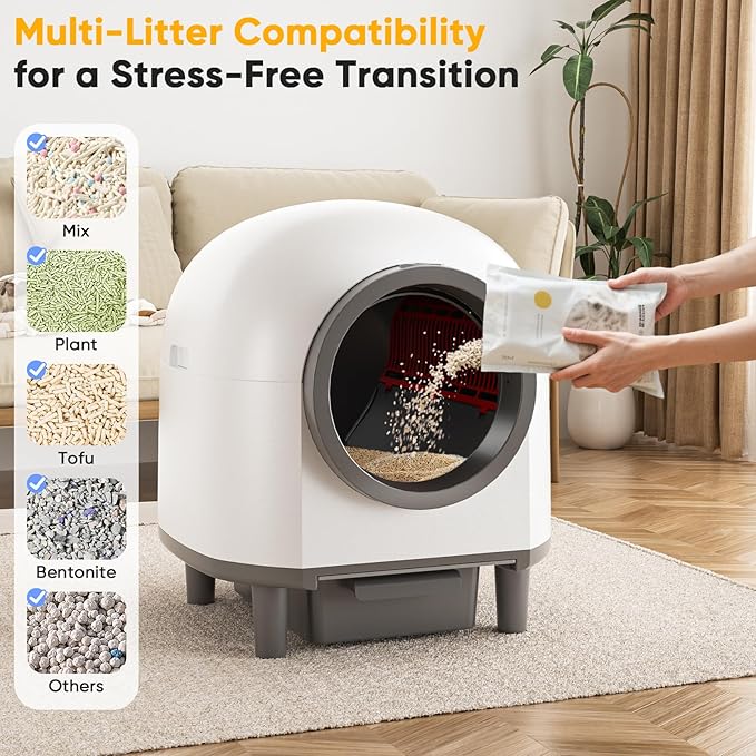 Automatic Self Cleaning Litter Box for Multiple Cats 90L Large Capacity, Smart Automatic Cat Litter Box with App Control, Health Monitoring, Integrated Safety Sensors, Odor Removal, Mat (White)