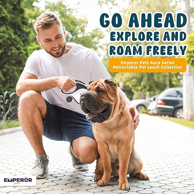 Emperor Pets 26 ft Retractable Dog Leash White - Heavy Duty Retractable Pet Leash with Anti-Slip Grip for Medium to Large Dogs up to 110 lbs -Aura BW26