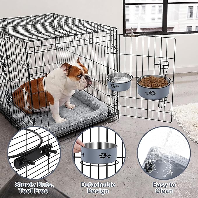 Kennel Water Bowl, ShineMe Stainless Steel Pet Food and Water Feeder Dishes - Attachable Dog Crate Bowls Hanging 2 Pack No Spill for Medium & Large Dogs (7.1x2.9” & 6.2x2.6”)