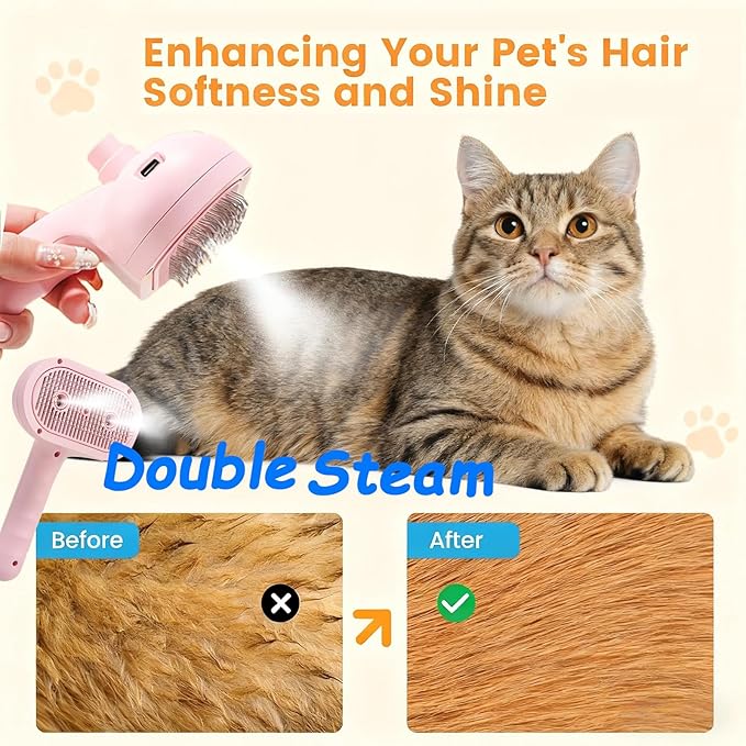 Pet Steam Brush for Cat & Dog, 2-Hole Double Spray, 3-in-1 Cat Steam Brush,Pet Spray Comb with Shedding Massaging Grooming Self-Cleaning Release Button for Long & Short Haired Pets(Pink)