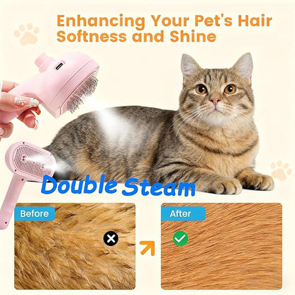 Pet Steam Brush for Cat & Dog, 2-Hole Double Spray, 3-in-1 Cat Steam Brush,Pet Spray Comb with Shedding Massaging Grooming Self-Cleaning Release Button for Long & Short Haired Pets(Pink)