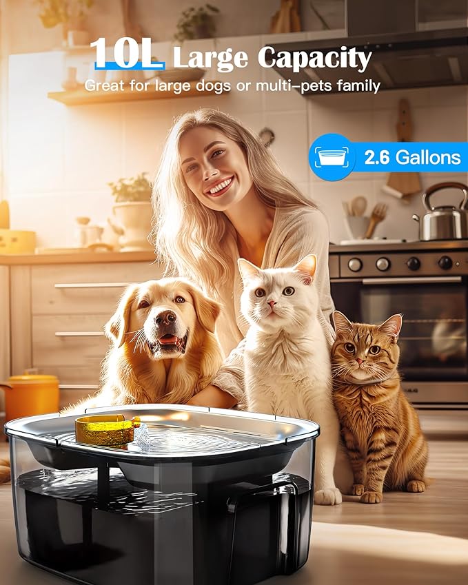 2.6 Gallon Dog Water Fountain – Stainless Steel 10L Pet Fountain Cat Fountain Dog Bowl Dispenser 338oz Capacity for Multi Pet Homes 2 Filters with 7 Layer Dual Filter System Ultra Quiet Pump