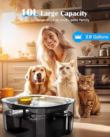 2.6 Gallon Dog Water Fountain – Stainless Steel 10L Pet Fountain Cat Fountain Dog Bowl Dispenser 338oz Capacity for Multi Pet Homes 4 Filters with 7 Layer Dual Filter System Ultra Quiet Pump