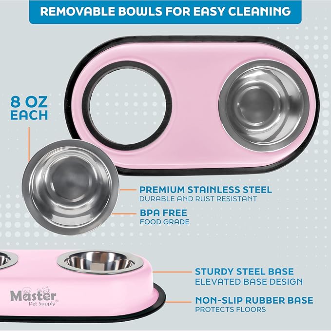 Master Pet Supply Double Dog Bowls Set with Elevated Base and 2 (8 oz) Stainless Steel Removable Dishes (Rose Quartz) – Double Cat Food Water Bowl, Dog Puppy Food Bowl Set, Rust Resistant