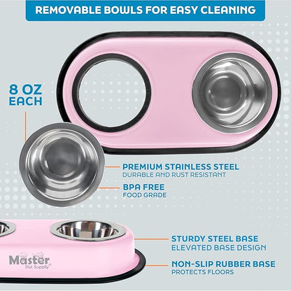 Master Pet Supply Double Dog Bowls Set with Elevated Base and 2 (8 oz) Stainless Steel Removable Dishes (Rose Quartz) – Double Cat Food Water Bowl, Dog Puppy Food Bowl Set, Rust Resistant