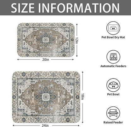 2 Pack Dog Food Mats for Floors, Absorbent and Quick-Drying Pet Cat Food Mat,Anti-Fouling and Easy-to-Clean Pet Feeding Mat,Dog Bowl Mat for Messy Drinking Water Bowls.12 x20+18"x24", Bohemia Style