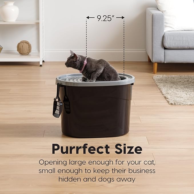 IRIS USA Large Top Entry Cat Litter Box with Lid Enclosed Covered Hooded Design Litter Catching Scatter Shield Pan Dog Proof Pet Proof Scoop Included Odor Control for Indoor Cats Kittens Black/Gray