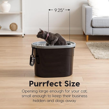 IRIS USA Large Top Entry Cat Litter Box with Lid Enclosed Covered Hooded Design Litter Catching Scatter Shield Pan Dog Proof Pet Proof Scoop Included Odor Control for Indoor Cats Kittens Black/Gray