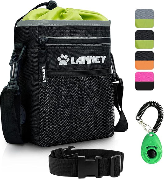 Dog Treat Pouch Pet Training Bag for Small to Large Dogs, Treat Tote Carry Kibble Snacks Toys for Training Reward Walking, Metal Clip, Waist belt, Shoulder Strap, Poop Bag Dispenser, Black with Green