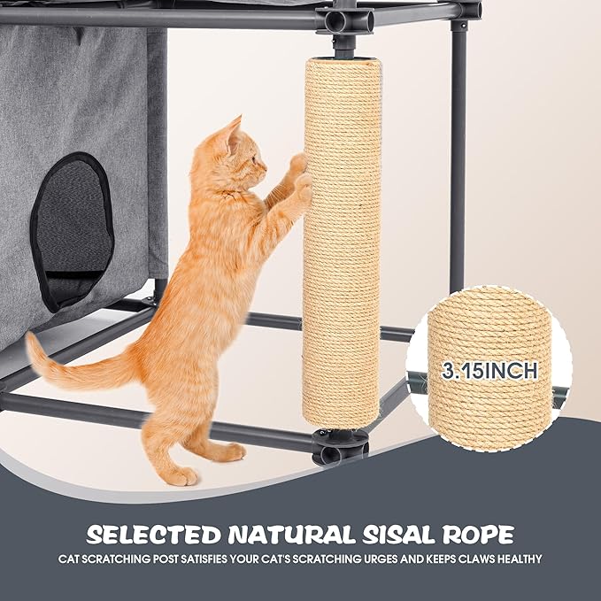 Large Cat Hamock Bed with Scratching Post – Multi-Level Cat Tree with House Condos & Ladder for Indoor/Outdoor Use+Grey/Three-Tier