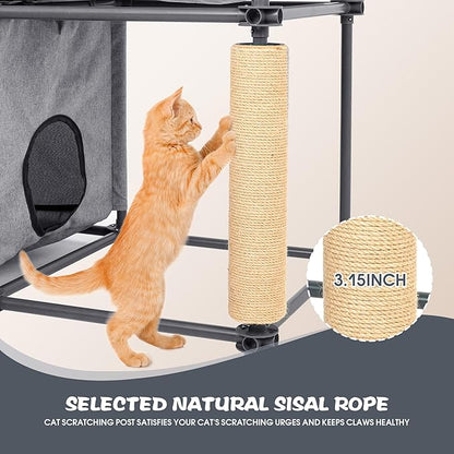 Large Cat Hamock Bed with Scratching Post – Multi-Level Cat Tree with House Condos & Ladder for Indoor/Outdoor Use+Grey/Three-Tier