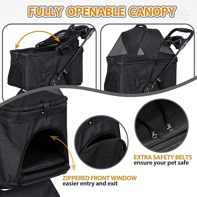Pet Stroller 4 Wheels Dog Cat Stroller, Detachable Carrier Travel Folding Carrier for Small Medium Dog Cats (Black)