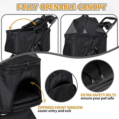 Pet Stroller 4 Wheels Dog Cat Stroller, Detachable Carrier Travel Folding Carrier for Small Medium Dog Cats (Black)