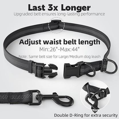 Mile High Life Hands Free Waist Leash for Dog Running Training and Jogging, Adjustable Belt with Double Handle, Reflective Bungee for Medium Large Dogs (Black Teal, 7FT)