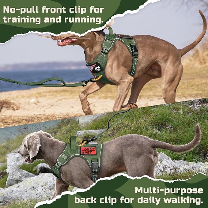 rabbitgoo Tactical Dog Harness for Large Dogs, No Pull Military Service Vest with Handle & Molle, Easy Control for Training Walking, Adjustable Reflective Straps, Green, L