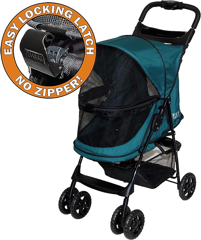 Pet Gear No-Zip Happy Trails Pet Stroller for Cats/Dogs, Zipperless Entry, Easy Fold with Removable Liner, Storage Basket + Cup Holder, NEW Emerald