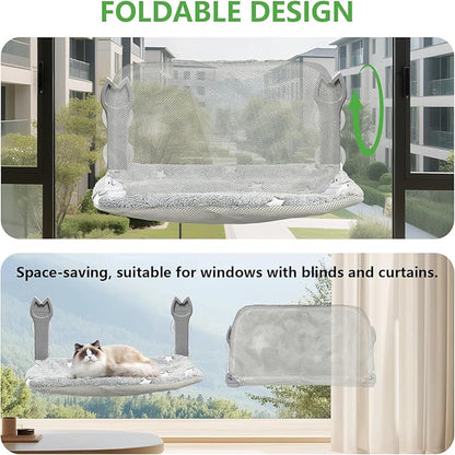 2 Pack Cat Window Perch,Cat Window Hammock Cordless Foldable Window Bed with 4 Large Strong Suction Cup,Reversible Cushion Cover,Metal Frame Easy to Adjust Window Seat Holds up to 40lbs(Star White