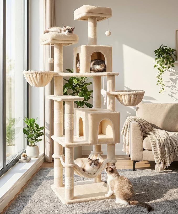 AMHANCIBLE Cat Tree, 70 Inch Cat Tower for Indoor Cats, Multi-Level Cat Tree with Scratching Post, Hammock, Hanging Basket, Large Cat Condos for Adult Cats Kittens, Beige, PT18BG