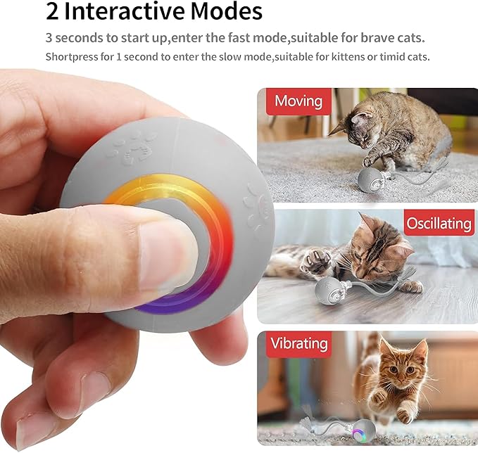Quibron Interactive Cat Ball Toy with Flashing Lights & Bird Sounds - Multi-Surface Adaptive Roller, USB Rechargeable Motion-Activated Cat Teaser for Indoor Cats, Smart Enrichment Gift (Grey)