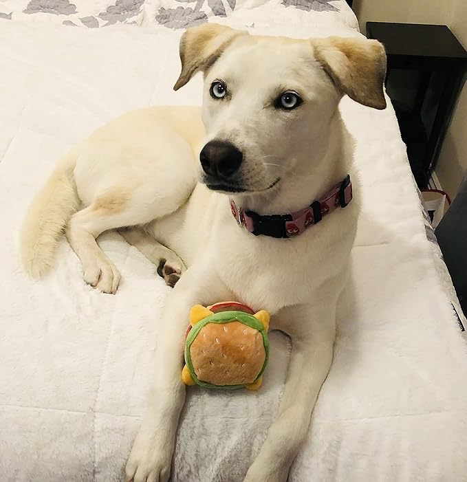 Glow Pups Hamburger Dog Toy with Squeaker, Fun Food Parody Plush Toy, Easy to Clean, Promotes Mental Stimulation, 4.5 x 3.5 inches, Peach