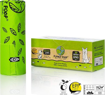 PLANET POOP Home Compostable Dog Poop Bags, 30 Count, XL Sized Cat Litter Box Clean-up with Handles, Biodegradable for Dogs Extra-Large Grocery Supplies
