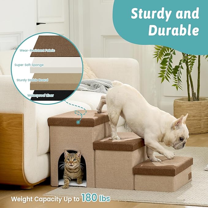 Dog Stairs with Storage, 4-Step Wider Sturdy Dog Steps for Small/Medium/Large Dogs and Older Cats, Doggie Ramp with Condo for Bed/Couch/Car Hold Up to 180 lbs (22.6" H, Brown)