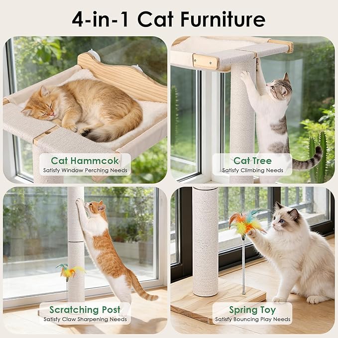 Cat Window Perch with Tall Scratching Post, 44" Adjustable Sisal Cat Tree, 33lbs Capacity Suction Cup Hammock for Indoor Cats Scratching & Watching Birds, Beige, with Detachable Cushion