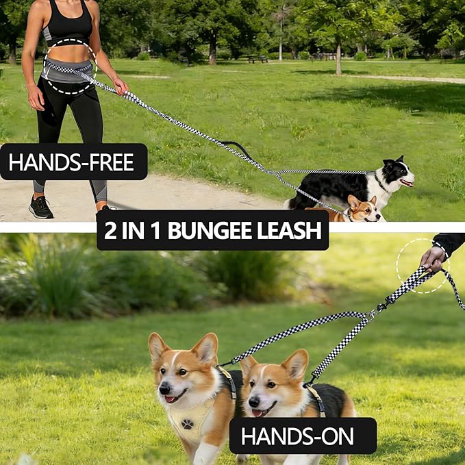 Roses&Poetry Hands Free Double Dog Leash for Two Dogs, 9-11ft Adjustable Bungee Walking Waist Lead, Dual Dog Leash with Tangle-Free Swivel for Medium Large Dogs Heavy Duty Running(Blackwhite)