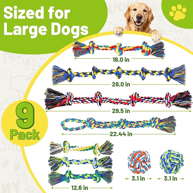 9-Pack Dog Rope Toys for Large Dogs – Strong Tug Toys for Aggressive Chewers, Ideal for Tug-of-War & Teeth Cleaning, Multi-Style Rope Set for Active Dogs
