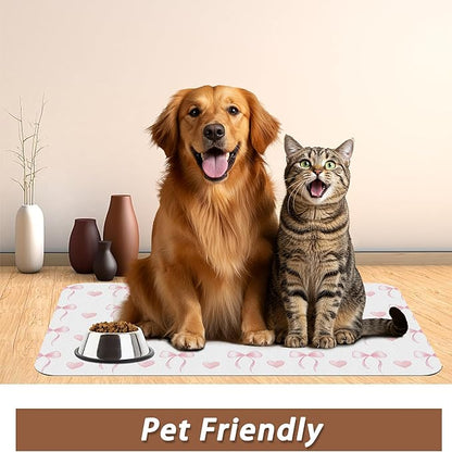 Cute Pink Bow Dog Food Mat for Floors,Heart Absorbent Pet Food and Water Bowl Mats,Non-Slip Pet Feeding Mat,Pet Supplies 12" x 20"