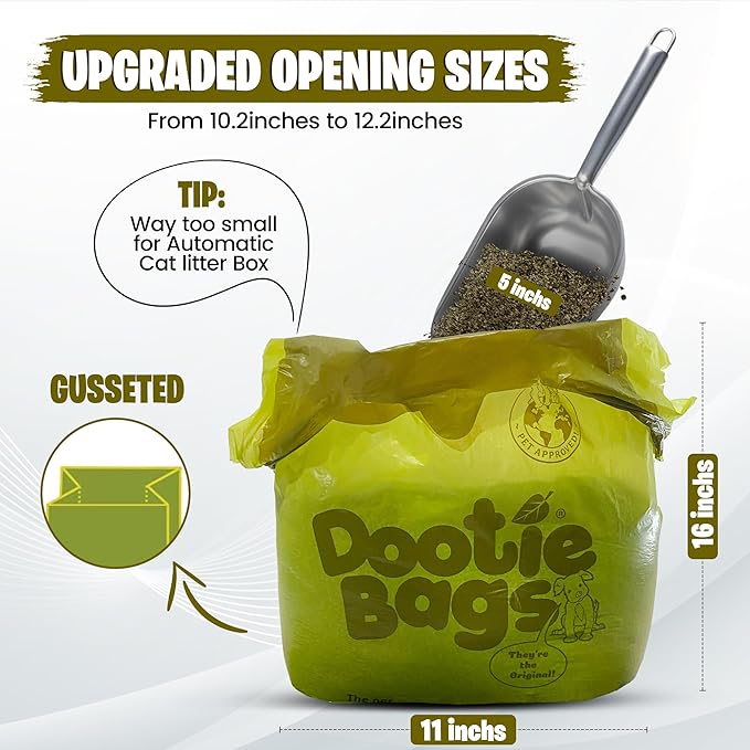 The Original Dootie Bag is Back! Pooch Approved Large Dootie Bags, Dog Poop Bags. Strong, Leakproof - EZ Tie Handles. Perfect for Dogs & Cat Litter. Pet Waste Cleanup, Swivel Bin & GoGo Stik Scoopers.